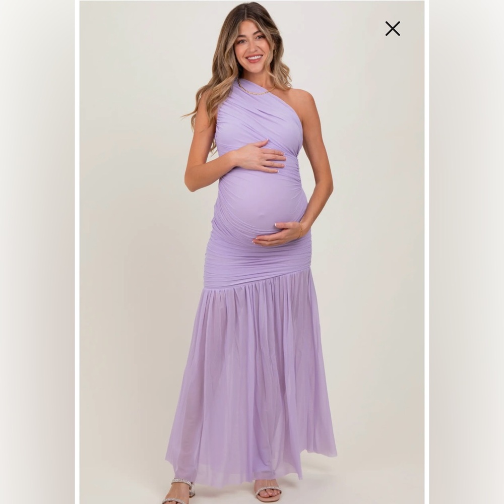 NWT Pink blush Ruched Mesh One Shoulder Maxi Dress lavender M